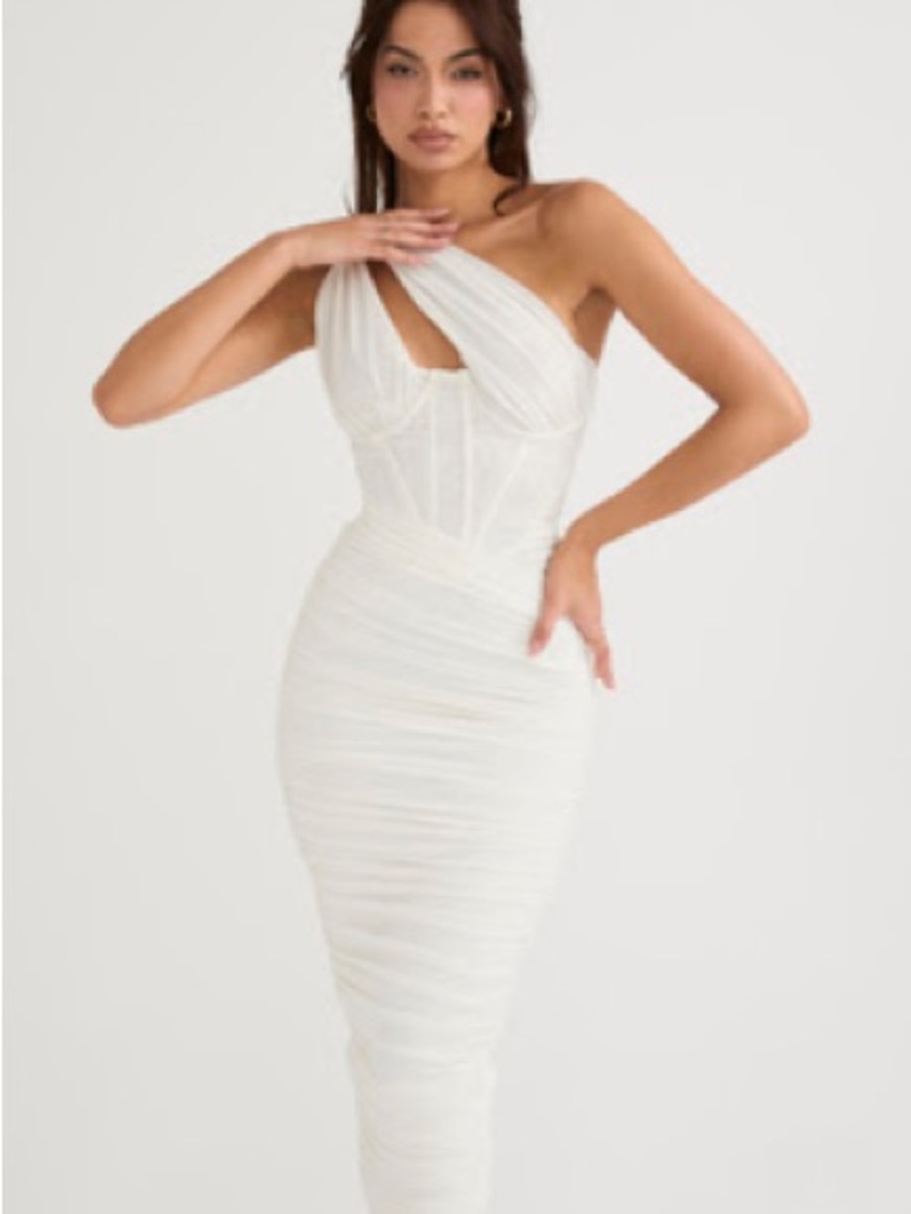 House of CB White One-Shoulder Ruched Corset Midi Dress